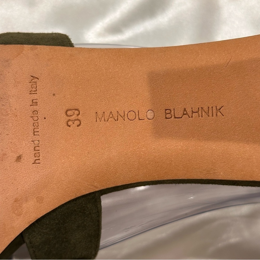Manolo Blahnik Olive Green Suede Strappy Ankle‑Tie Heels - Picture 10 of 15